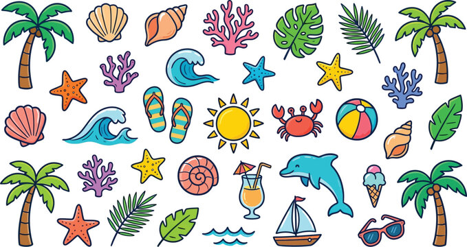 colorful beach summer icons and objects
