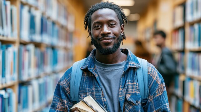 Handsome Smile student man with backpack and books in library, education, university, cheerful, college, happy, standing, school, backpack, attractive, enjoyment, confidence