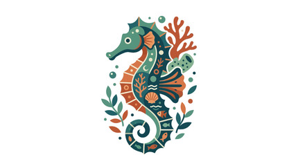 colorful seahorse illustration with coral and seaweed © Laris