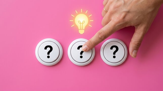 Unique Creative Idea: Hand pointing at lightbulb icon surrounded by question marks Solution Concept: Points