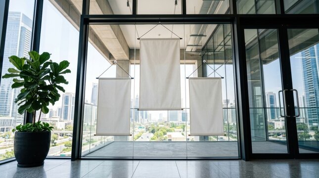 Triple Vertical Digital Poster Mockup in Modern Interior with Blank White Screen background Sleek