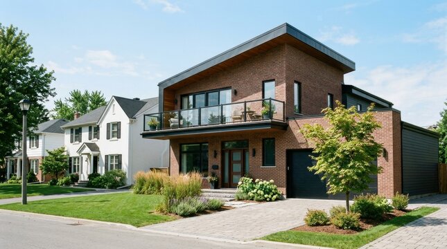 Unique Two-Story Modern House with Sloping Roof, Large Balcony, Brick Exterior,