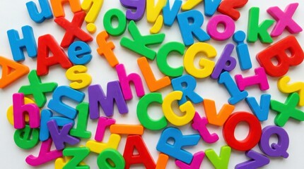 Fototapeta premium Vibrant Alphabet Magnets Beautifully Arranged on White Background Bright letter a surface