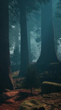 Trees stretch high in a dense forest as sunlight filters through branches. The ground is covered in moss and rocks. Shadows surround the area creating a quiet scene at dawn.
