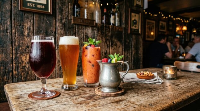 Variety of alcoholic beverages displayed on bar counter with blank space for Different alcohol drinks table in bar