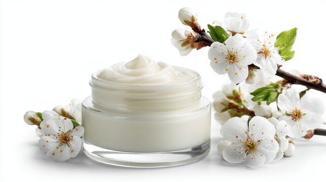 whitening and moisturizing Face cream in an open glass jar and flowers on white background. Set for spa, skin care and body products and solutions for skin problems such as scars, acne, wrinkles.