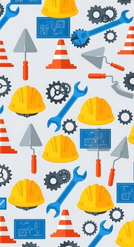 Colorful Construction Tools Pattern Arranged on Light Gray Background