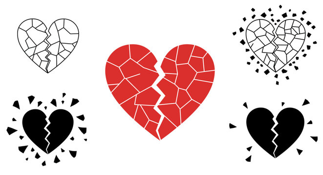 Collection of broken heart icons in various styles, symbolizing heartbreak and emotional pain, depicted in red and black and white, suitable for graphic design and digital art projects