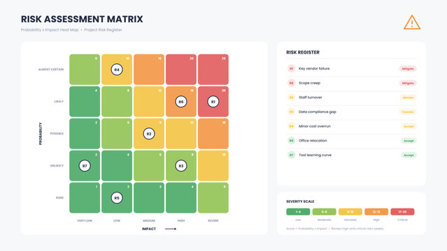 Risk assessment matrix template with 5x5 probability and impact heat map, plotted risk markers, risk register, response strategies, and severity scale. Editable vector diagram for project management