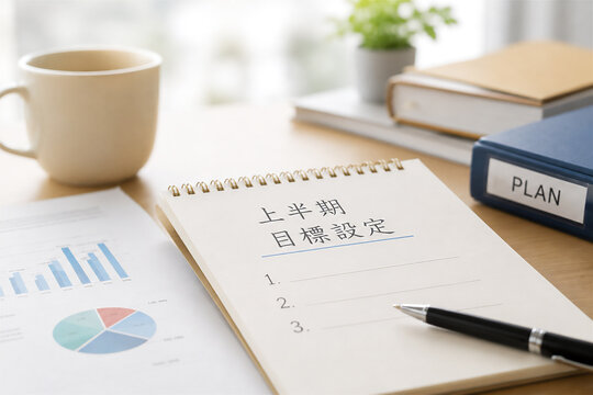 上半期の目標設定と事業計画をイメージしたビジネス素材