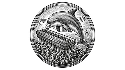Dolphin playing musical keyboard underwater sea. © Tia
