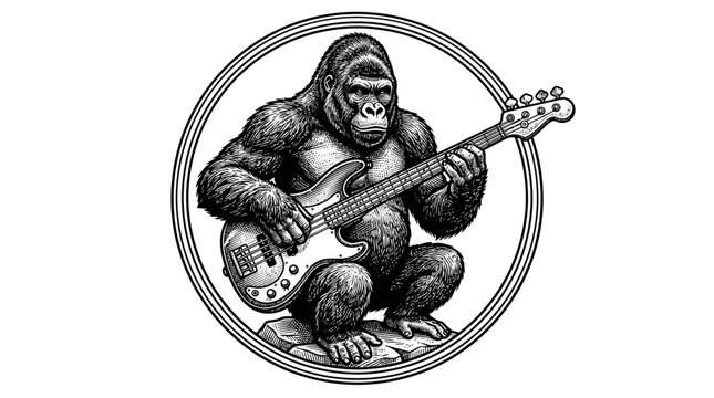 gorilla playing electric bass guitar.