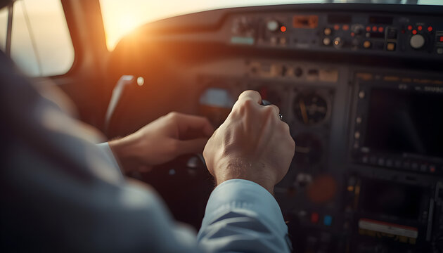Close up of pilot hands controlling the airplane throttle and steering yoke in cockpit at sunset