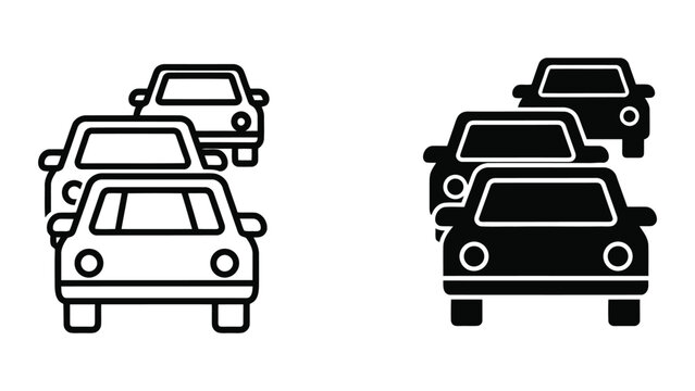 Traffic Jam Icon Set Featuring Multiple Cars in Line Art and Solid Silhouette Styles