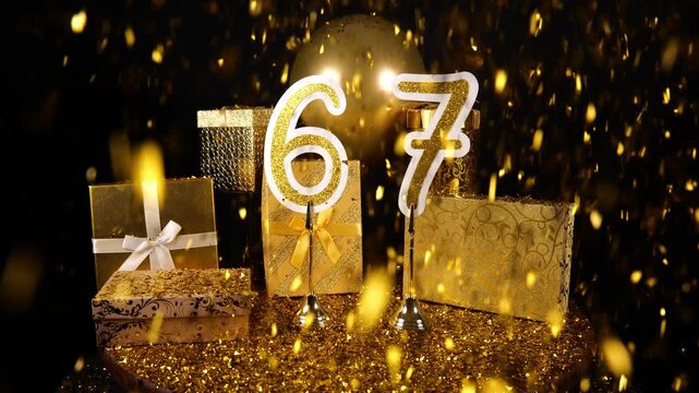 Gold Number 67 with Gold Glitter Confetti Sparkles with Gifts and Balloons for Party Sixty Seven