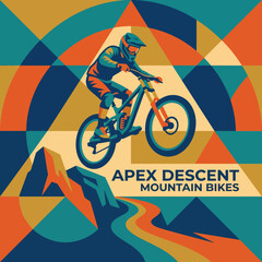 Fototapeta premium An energetic illustration depicting a mountain biker soaring down a slope, showcasing the thrill of mountain biking and the beauty of the great outdoors in a geometric style.