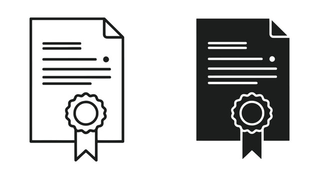 Certificate Document Icon Set Featuring Outline and Solid Vector Styles for Professional Design
