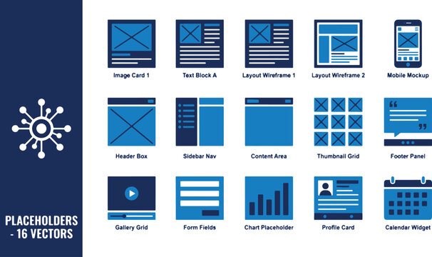 Professional Set of Website and Mobile App UI UX Wireframe Placeholder Vector Icons for Web Design and Prototyping.