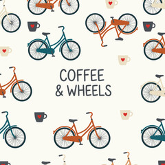 Naklejka premium This delightful pattern features an array of bicycles and coffee mugs, celebrating the joy of cycling and caffeine culture in a playful and vibrant design.