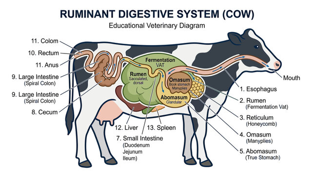 Ruminant Digestive System of a Cow Educational Diagram