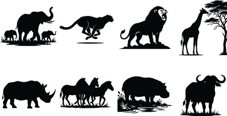 African Wildlife Silhouette Collection Featuring Elephant Lion Giraffe Rhino Hippo Buffalo and Cheetah © SHAMIM