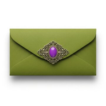 Green envelope with ornate purple gem brooch, isolated on a transparent background
