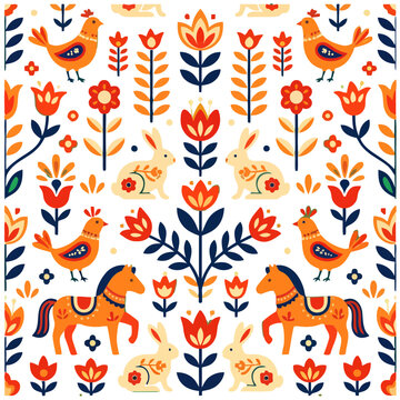 Folk art pattern with birds, rabbits, horses, and flowers