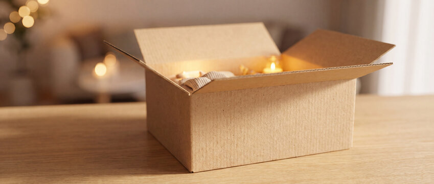 Cozy miniature house inside cardboard box featuring warm glowing lights and soft knitted fabric on a wooden table with blurred bokeh, ideal for magical winter holiday delivery concepts