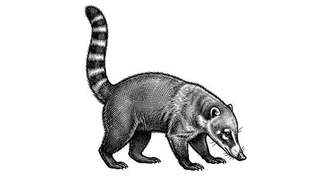 Raccoon walking on ground looking down.