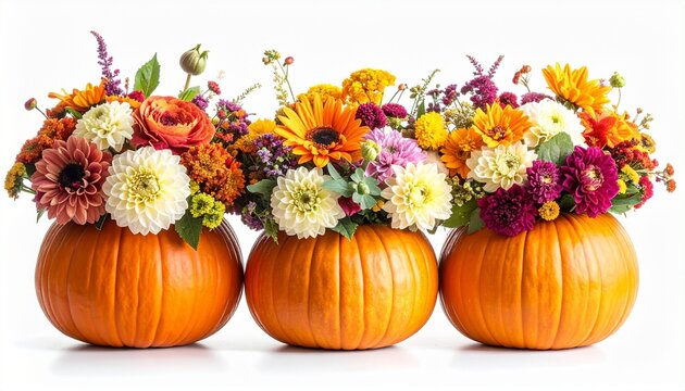 Beautiful festive autumn arrangements with colorful seasonal flowers inside bright orange pumpkins isolated on a clean white background.