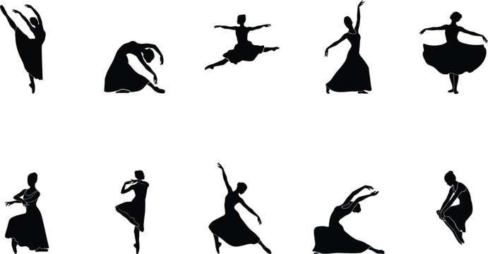 Black ballet dancer silhouette collection featuring elegant performers, artistic poses, and graceful movements for dance themed vector design elements