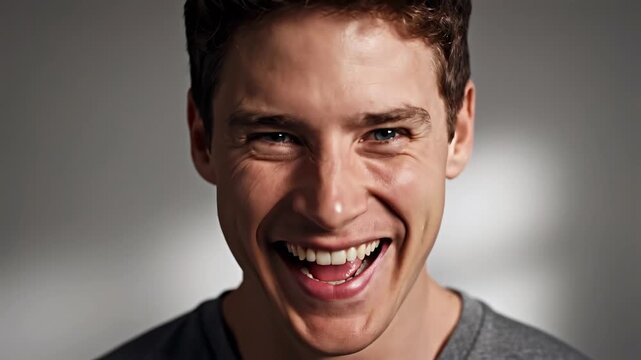 Male face morphing close-up from neutral expression into exaggerated joy, supporting reaction testing, facial animation, advertising humor, social media edits, meme content, and app engagement media.