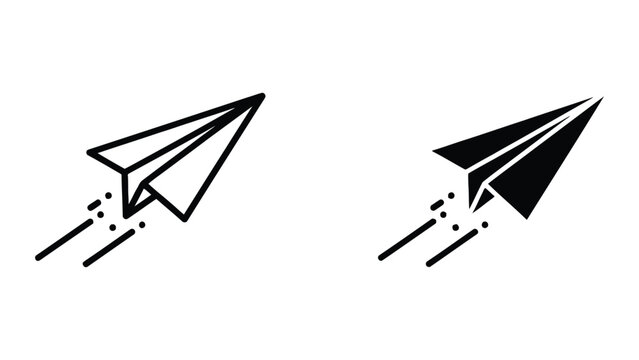 Flying Paper Airplane Icons Set Featuring Outline and Solid Vector Graphic Styles for Web Design