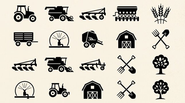 Agricultural icons showing tractors, plows, harvesters, barns, irrigation, hay balers, wagons, tools, wheat, trees, machinery, cultivation, growth, sustainability.