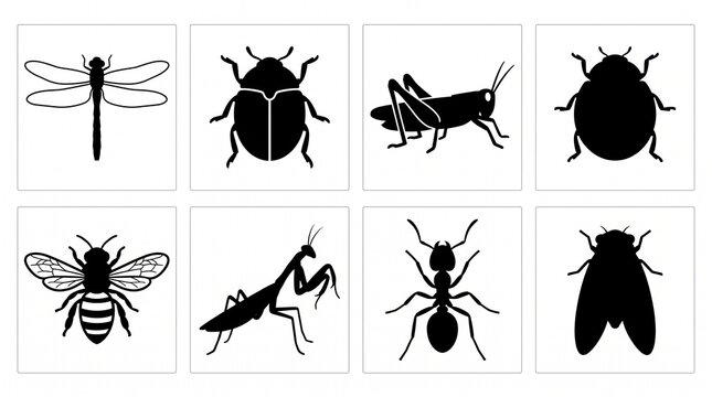 Stylized insect silhouettes showing dragonfly, beetle, grasshopper, ladybug, bee, mantis, ant, fly, diversity, biology, nature, ecology, awareness, balance.