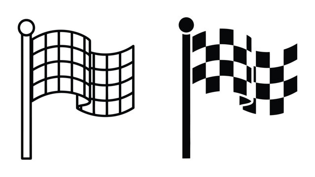 Waving Checkered Flag Icons Set Featuring Outline and Solid Vector Graphic Styles for Racing Finish