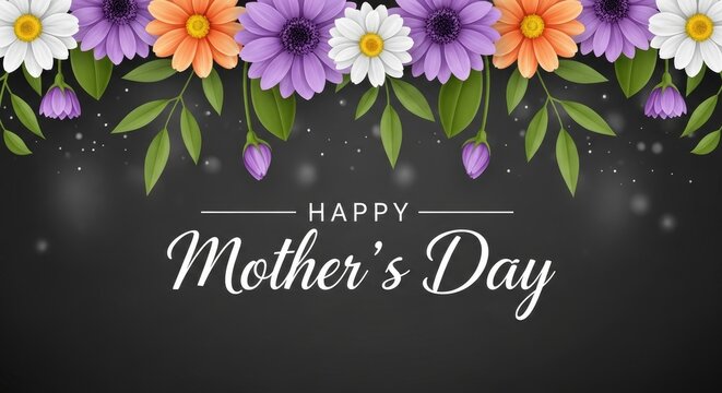 Colorful flowers and leaves with happy mothers day text on black background purple white orange
