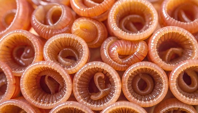 A detailed close up macro texture background of a cluster of organic earthworms showing natural skin patterns and worm body segments.