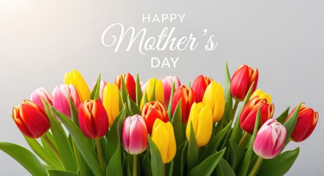 Colorful tulips in a bouquet with happy mothers day text above flowers yellow