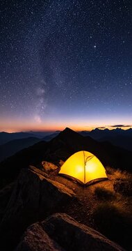 Glowing yellow tent camping on mountain top under starry night sky