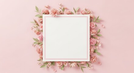 Pink floral frame with white center on pastel background flowers green leaves © MstKhadiza