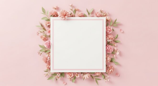 Pink floral frame with white center on pastel background flowers green leaves