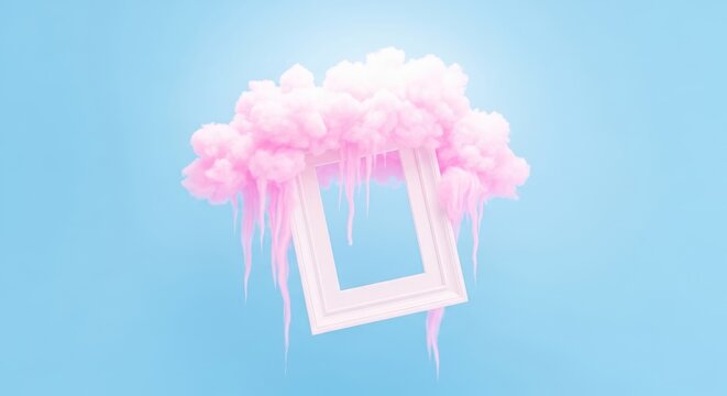 Pink fluffy clouds surrounding a white frame against a blue background pink clouds floating frame