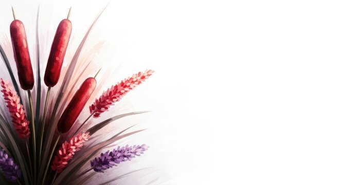 Red and purple plant with whisk-like seed heads on a white background