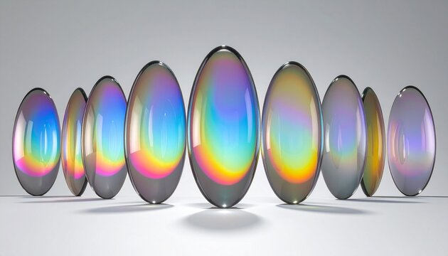 A collection of iridescent oval glass spheres reflecting rainbow colors arranged in a symmetrical composition against a soft grey background.