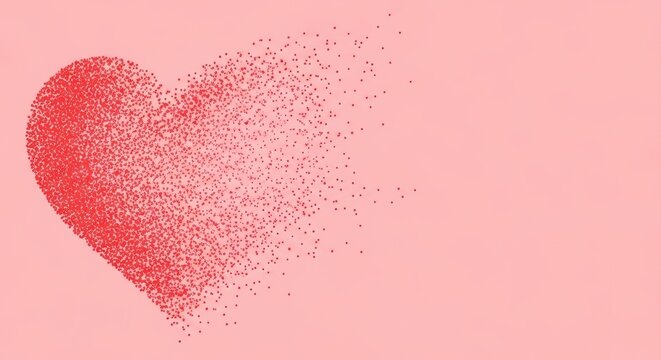 Red heart shape made of tiny dots on a pink background scattered