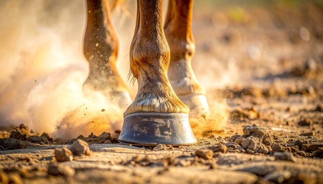 Close up view of horse hooves walking on a dusty trail with particles of dirt and sand kicking up in the warm golden afternoon sunlight.