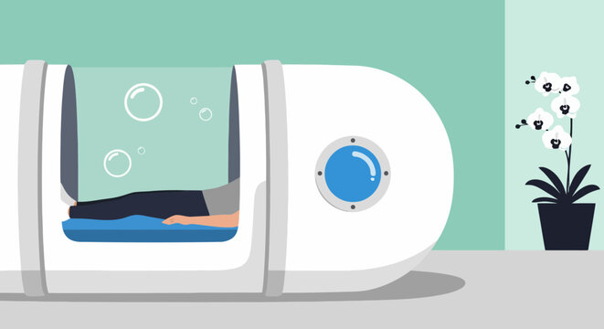 Patient lying inside hyperbaric oxygen therapy chamber for medical treatment