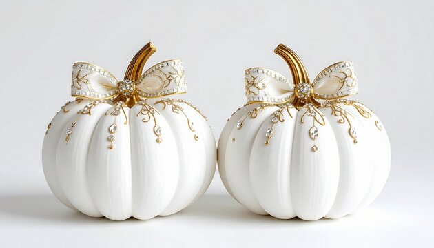 Two elegant white decorative ceramic pumpkins adorned with gold patterns and sparkling rhinestone bows for seasonal home holiday decor.