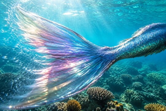 Shimmering iridescent fish tail moving through sunlit ocean water above a coral reef.